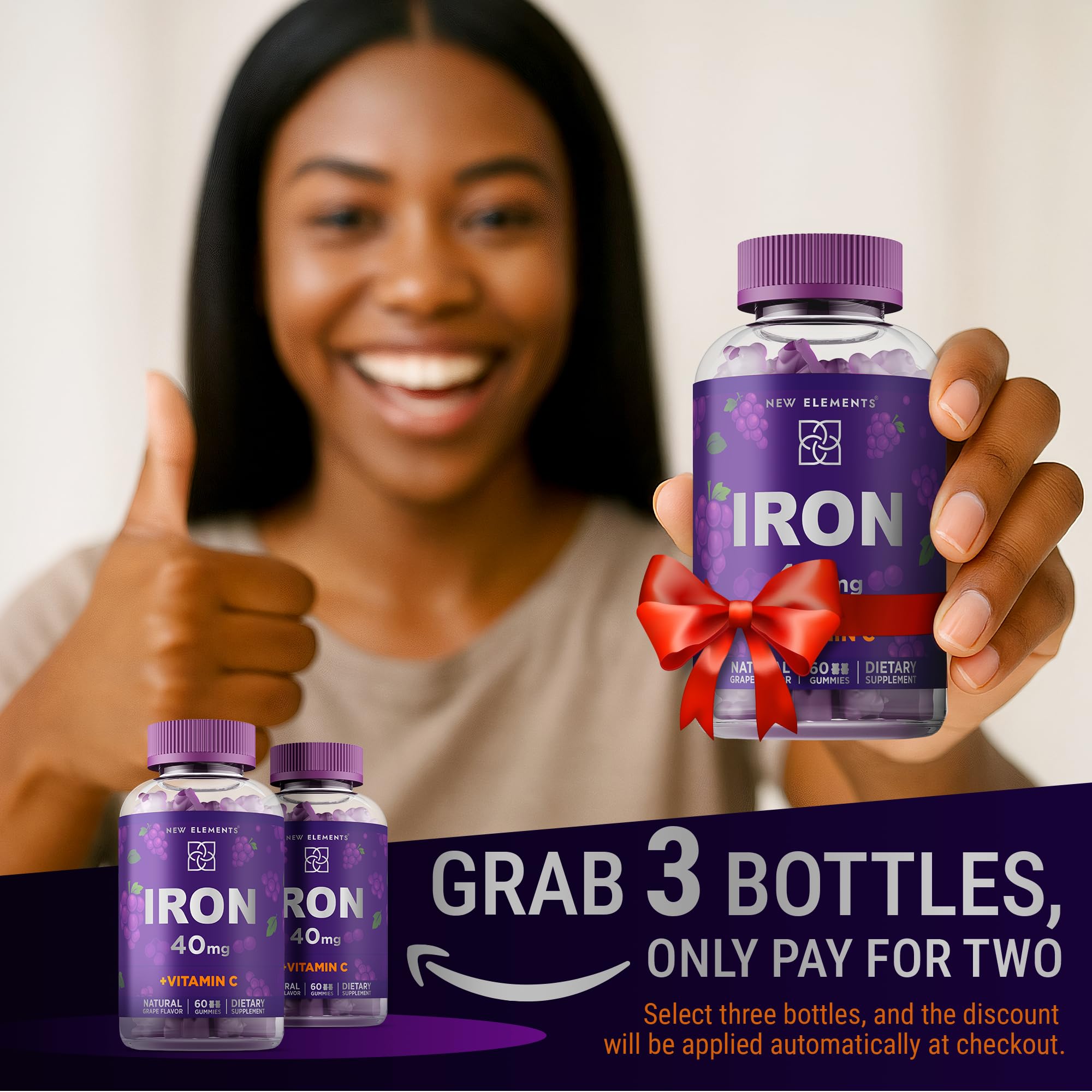 New Elements iron gummies with fruit-pectin, daily iron intake in a chewy form.