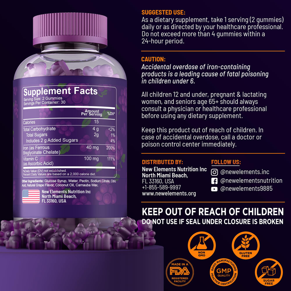 New Elements Iron Gummies with Vitamin C 100mg boosts absorption and immune support.