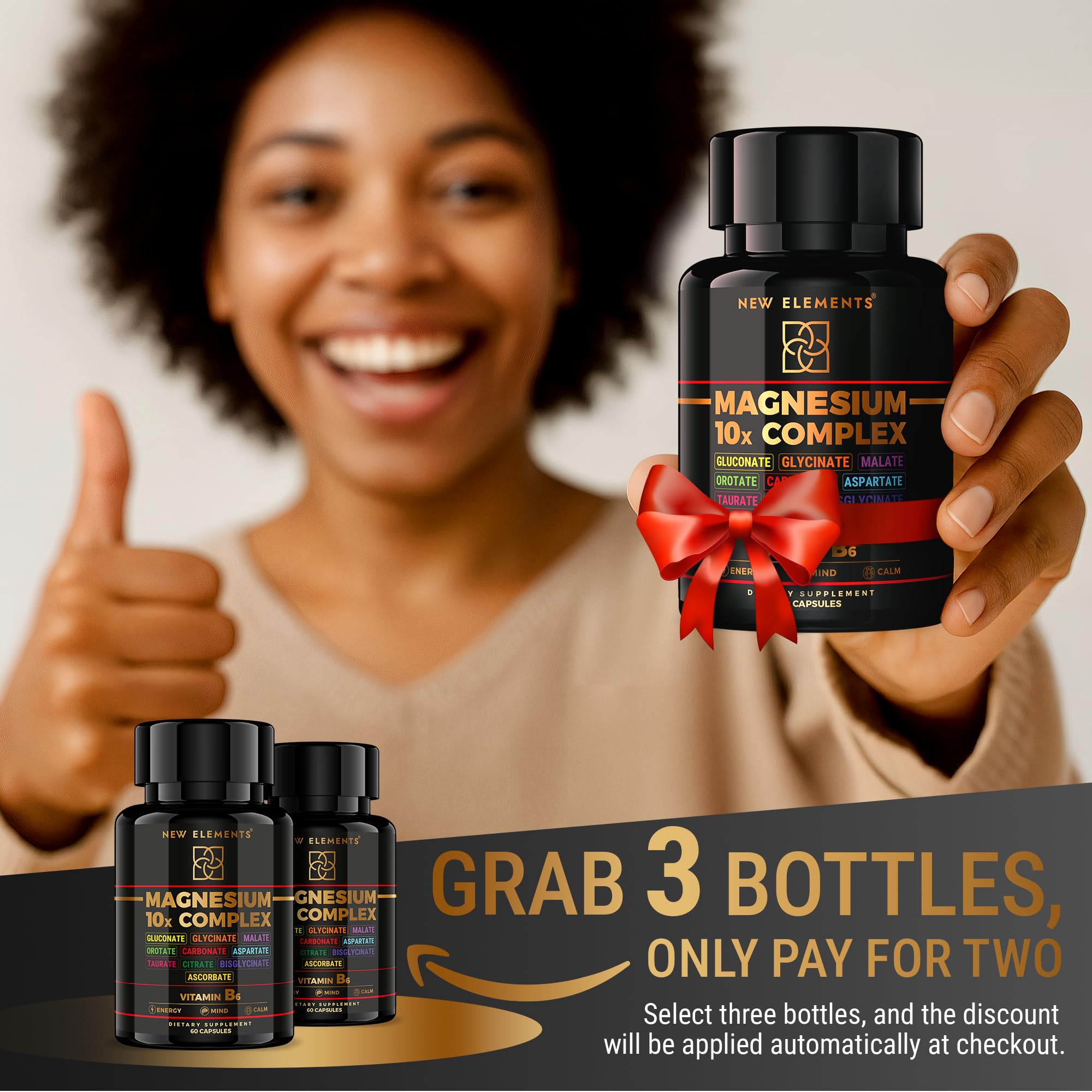 New Elements Magnesium 10X capsules shown beside label illustrating 10 forms.