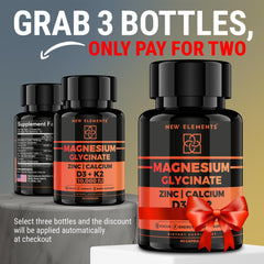 New Elements Magnesium Glycinate bottle label highlights D3, K2 and zinc for balance