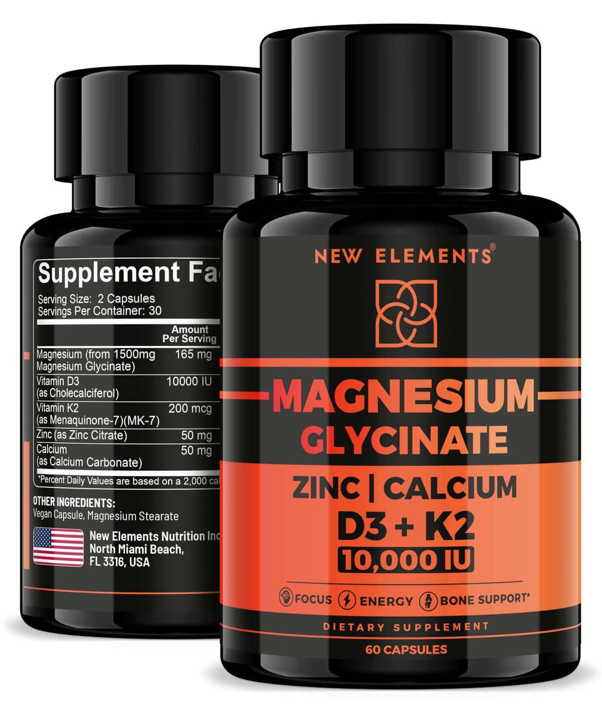 New Elements Magnesium Glycinate bottle supports calm energy and daily wellness