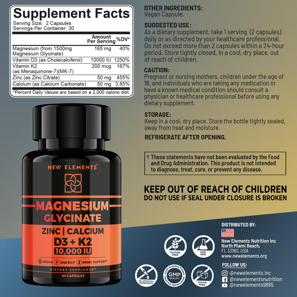 New Elements Magnesium Glycinate capsules, easy to swallow for daily bone and muscle support