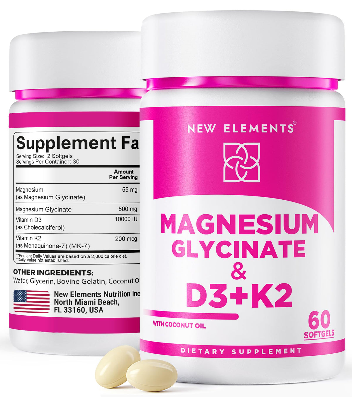 New Elements magnesium glycinate D3 K2 softgels bottle close-up for bone support