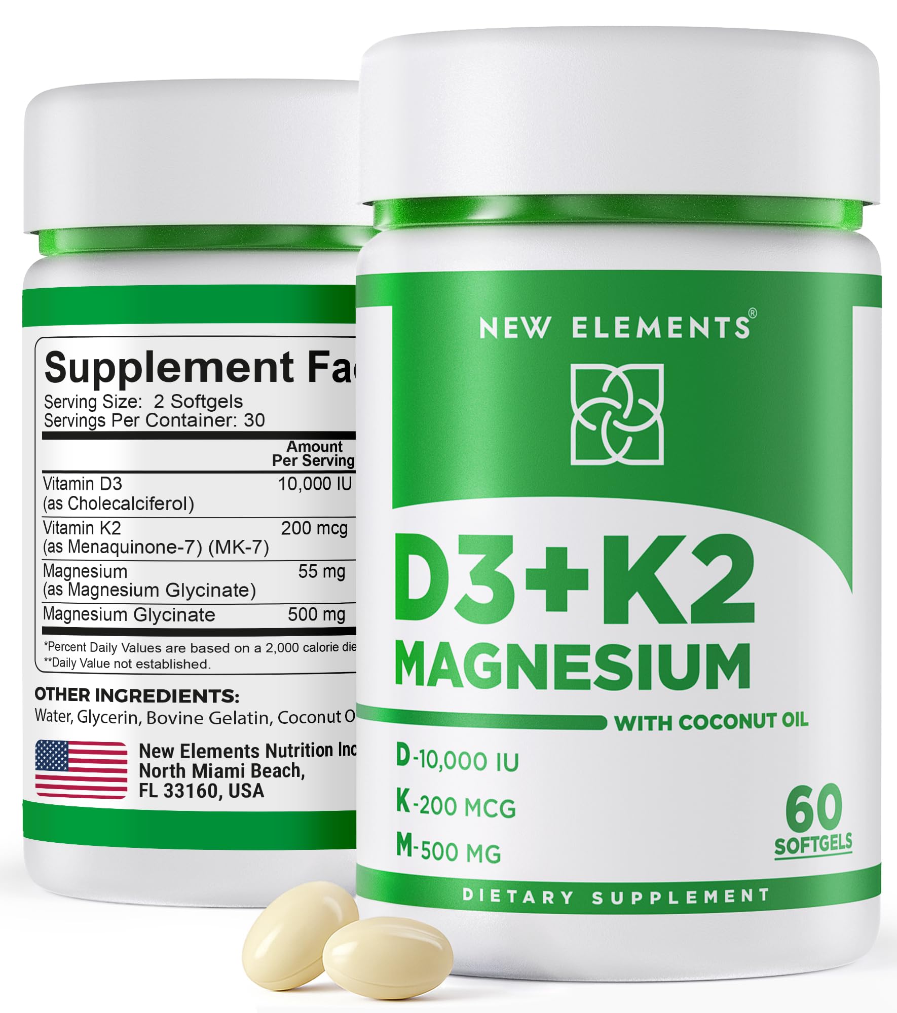 New Elements Vitamin D3 K2 softgels bottle view highlighting bone health support
