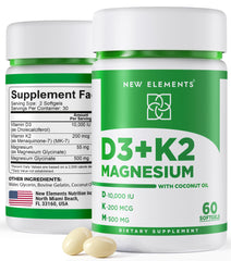 New Elements Vitamin D3 K2 softgels bottle view highlighting bone health support