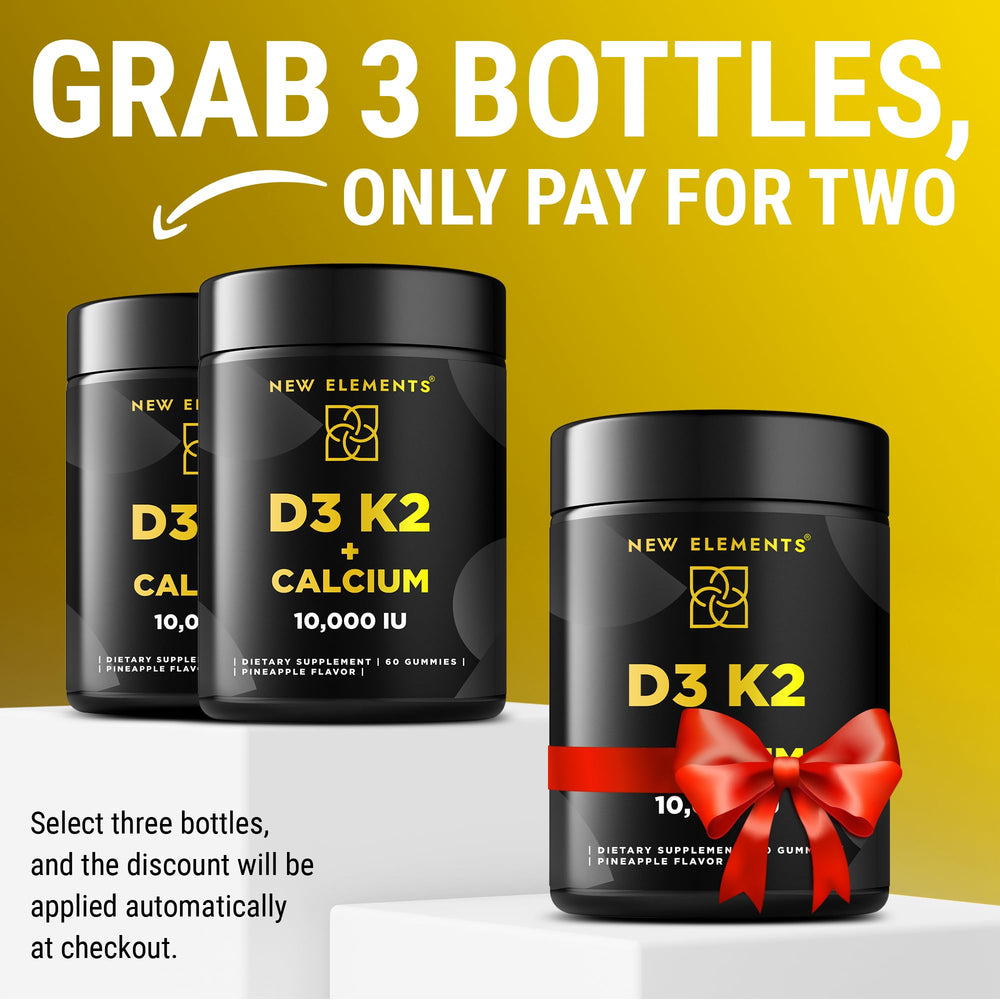 New Elements Vitamin D3 K2 Gummies bottle label showing vegan gluten free and non GMO