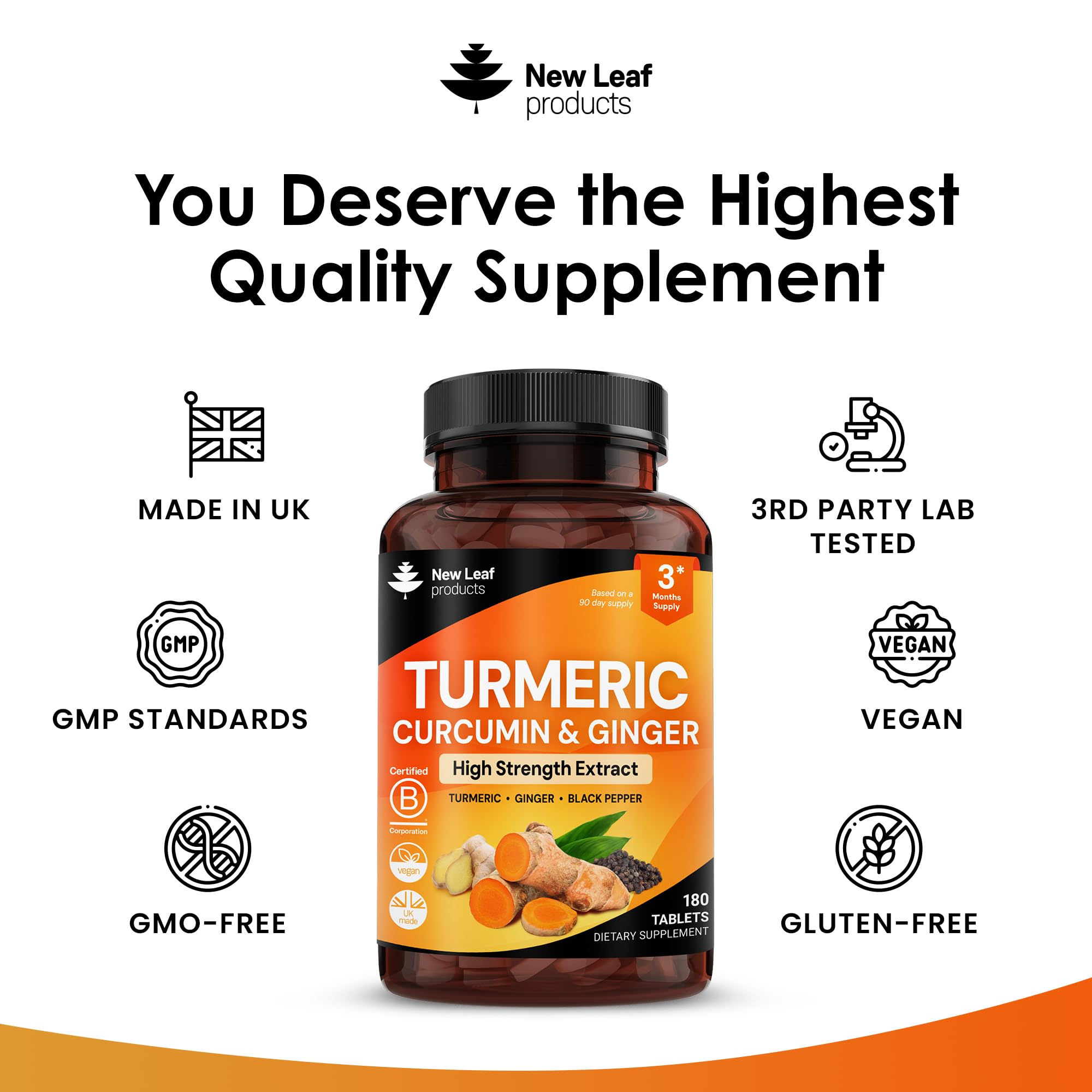 New Leaf Turmeric Tablets black pepper grinder beside bottle highlights absorption support