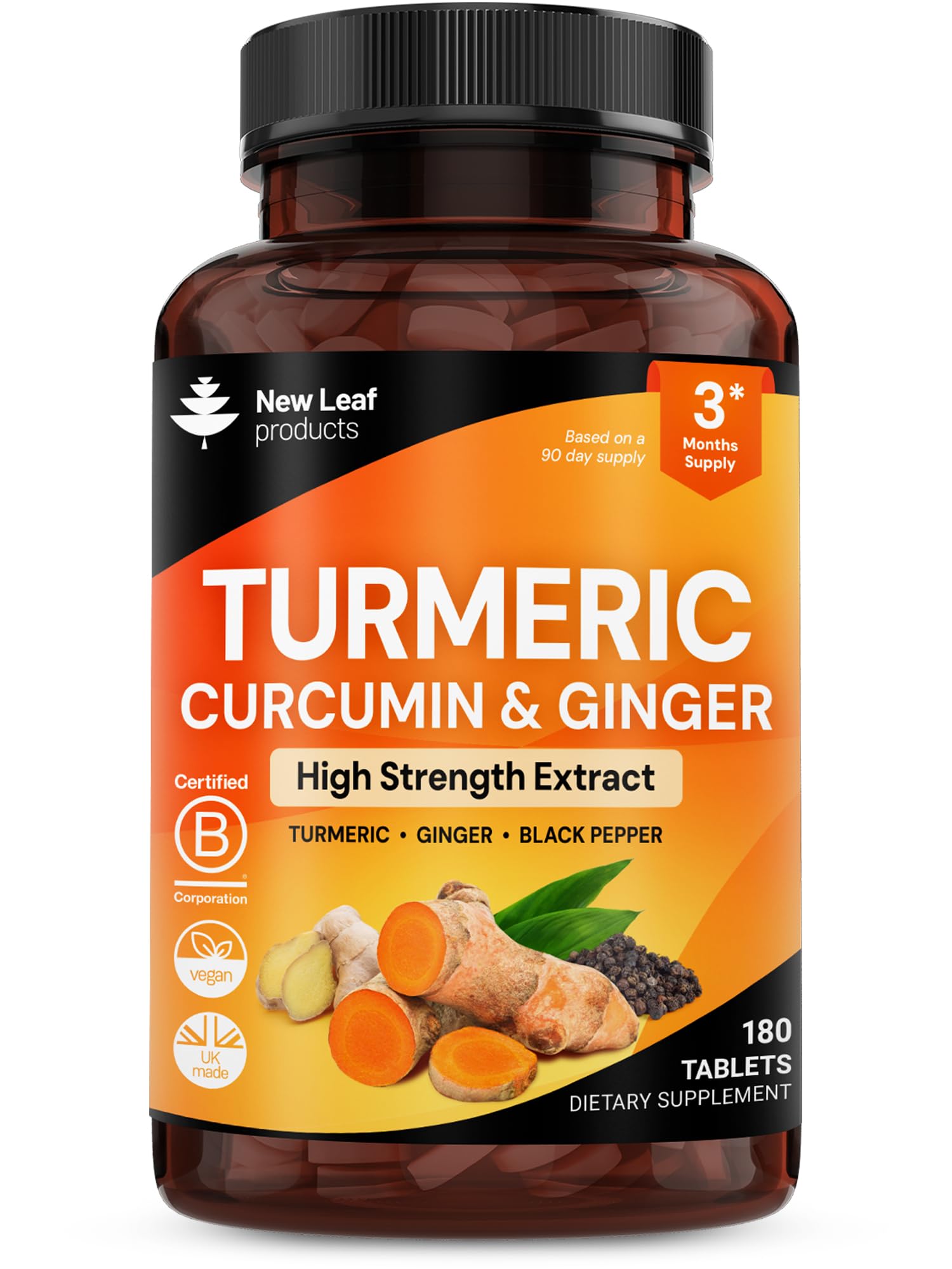 New Leaf Turmeric Tablets bottle showing easy-to-swallow micro-tablets for daily use