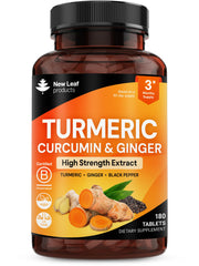 New Leaf Turmeric Tablets bottle showing easy-to-swallow micro-tablets for daily use
