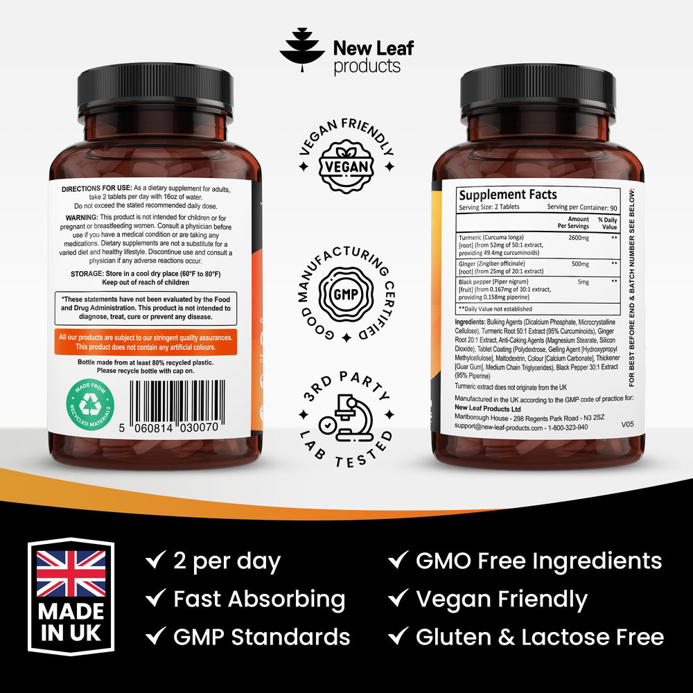 New Leaf Turmeric Tablets with ginger and pepper suggest a balanced serving