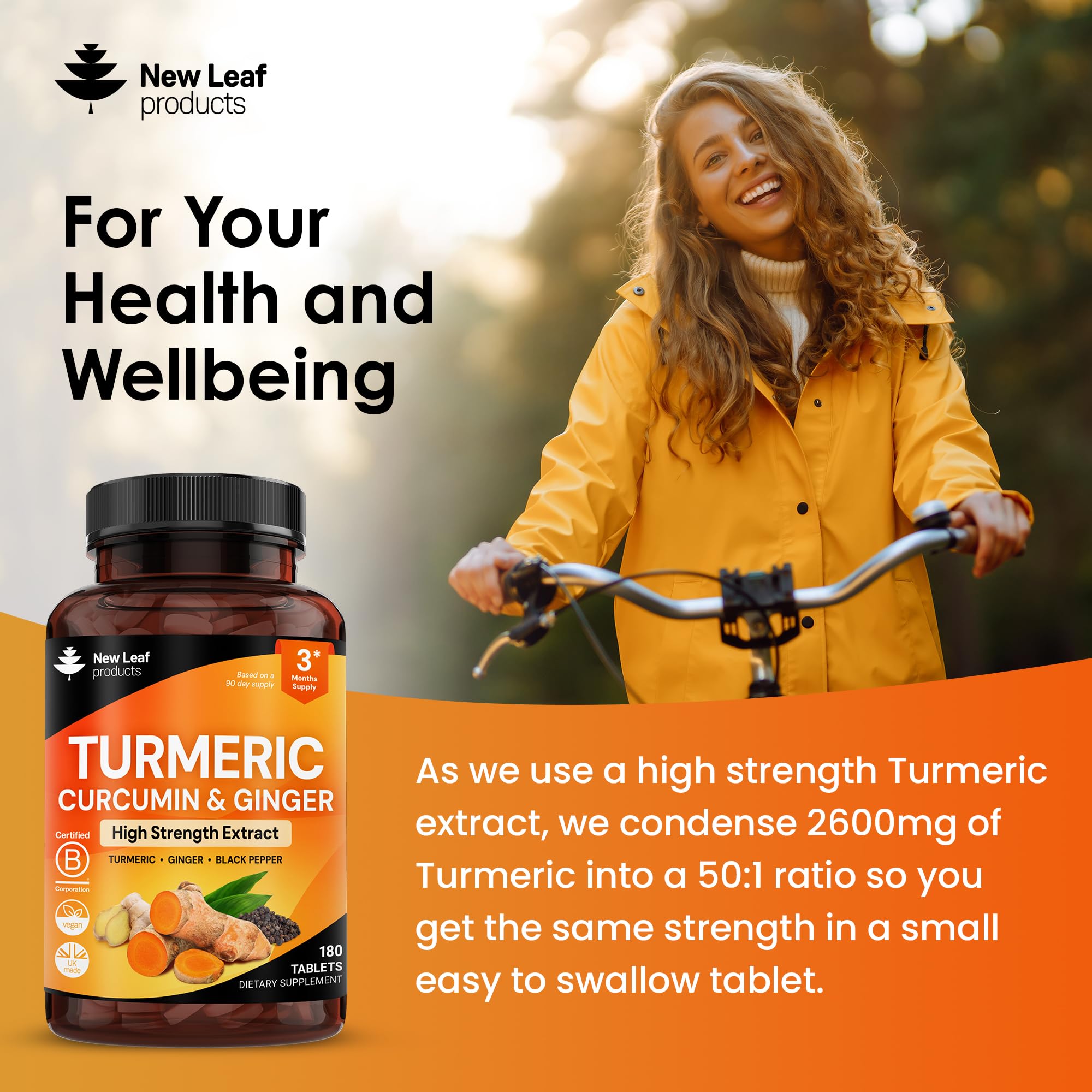 New Leaf Turmeric Tablets close-up emphasizes tiny tablets for easy swallowing