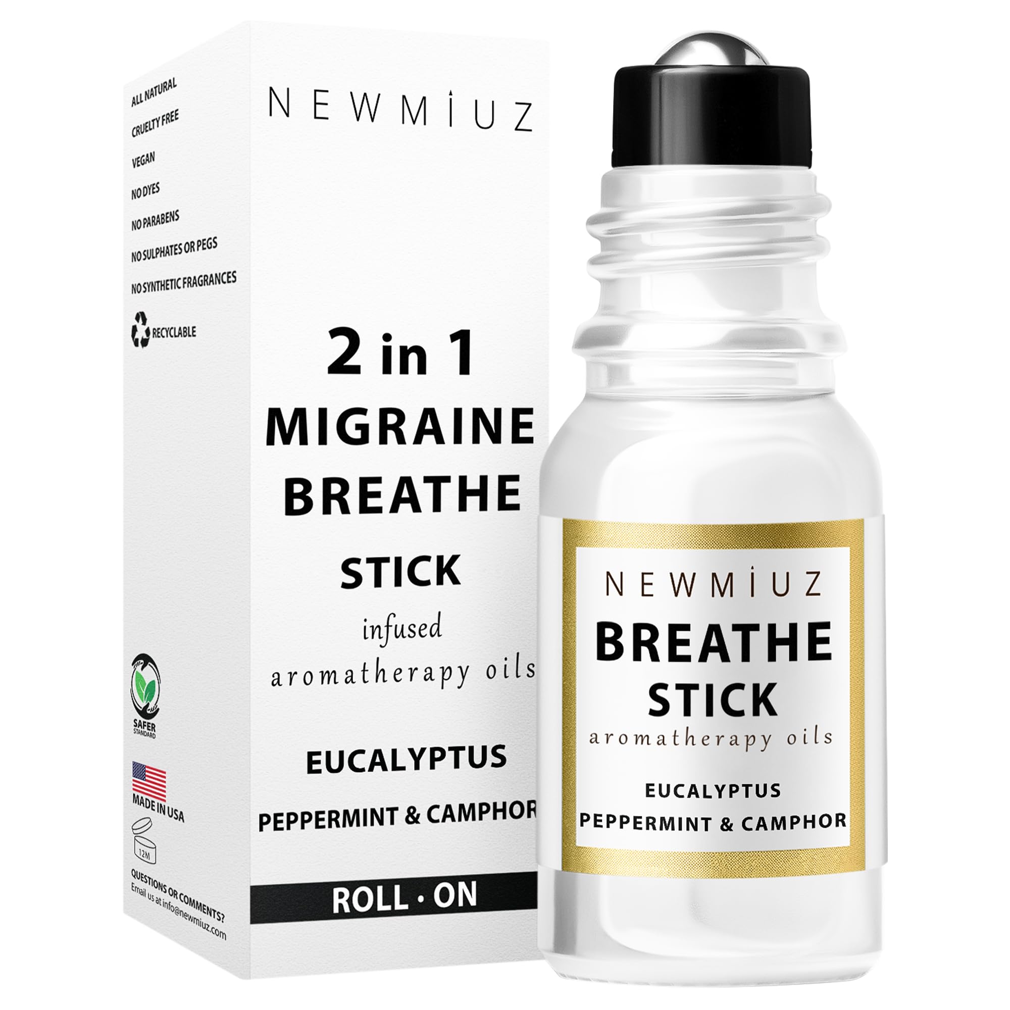 New Miuz Breathe Easy Roller bottle with peppermint and eucalyptus for sinus comfort