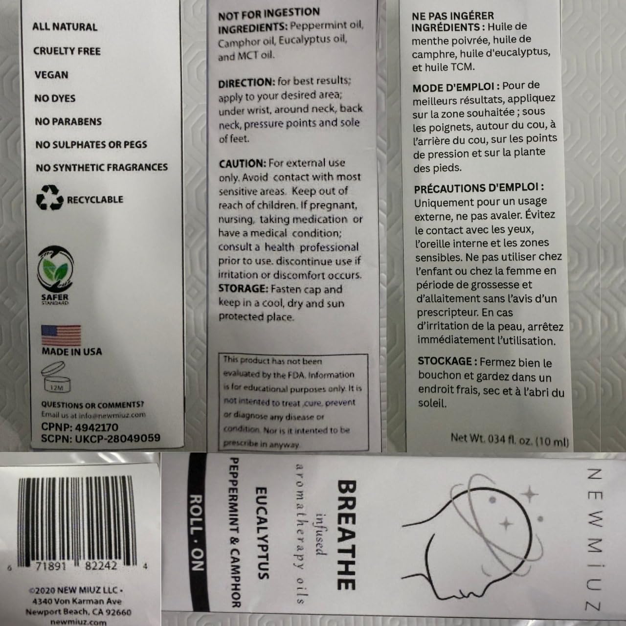 Product label of New Miuz Breathe Easy Roller highlights natural oils