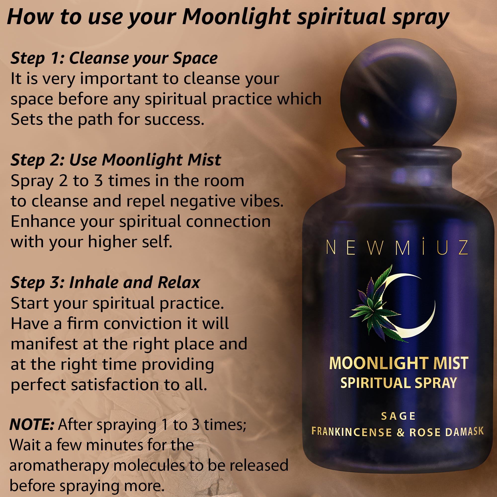 New Miuz Clearing Sage Smudge Spray beside the bed for nightly use.