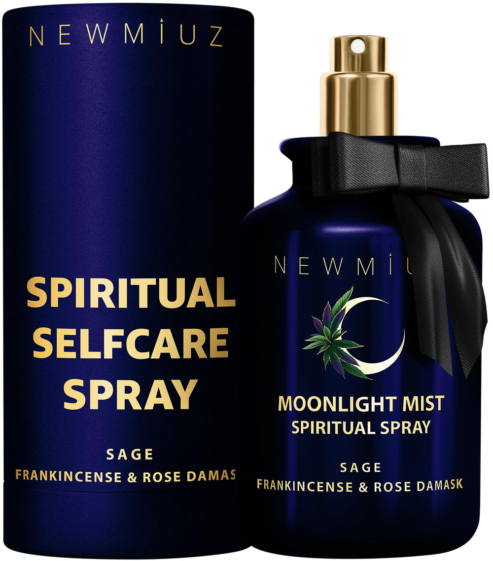 New Miuz Clearing Sage Smudge Spray bottle on a bedside table for calming aromatherapy.