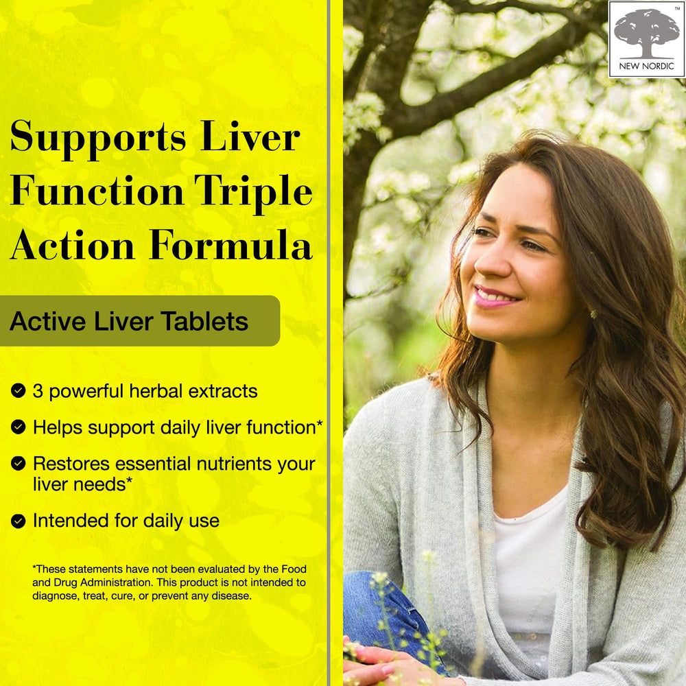 New Nordic Active Liver daily dose image emphasizes one tablet per day routine.