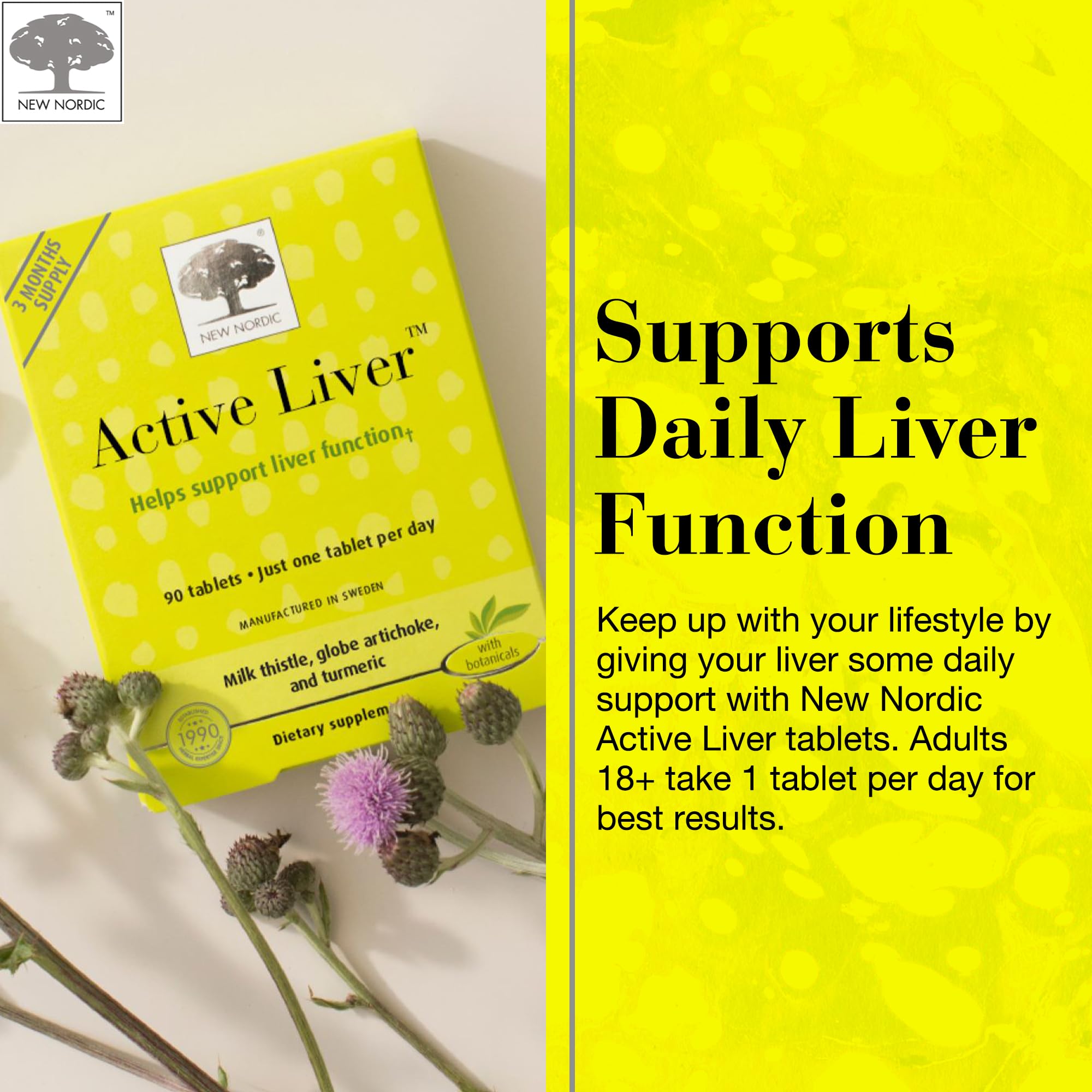 New Nordic Active Liver milk thistle extract image suggests traditional plant-based support.