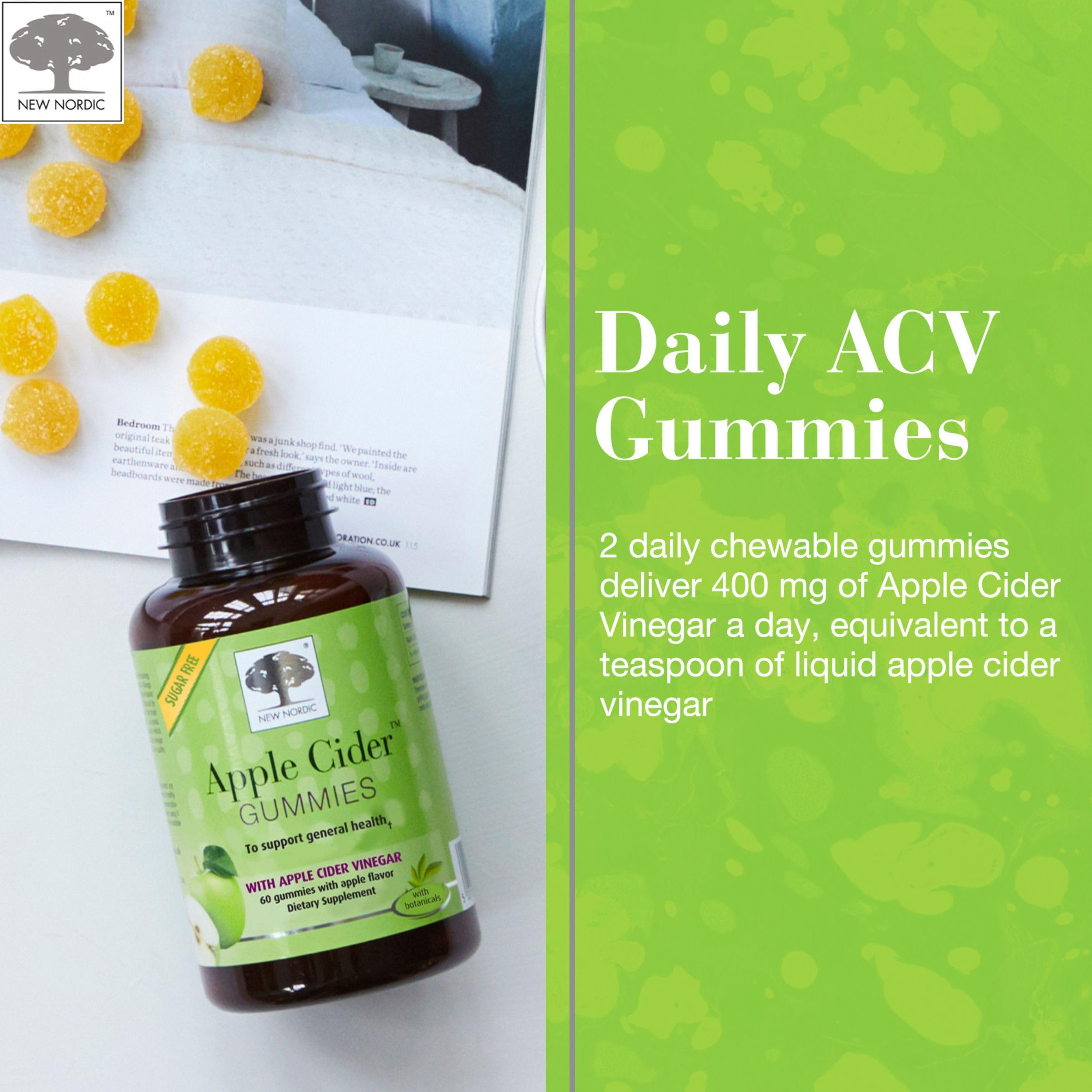NEW NORDIC Apple Cider Vinegar Gummies ingredients list displaying purity and non-GMO