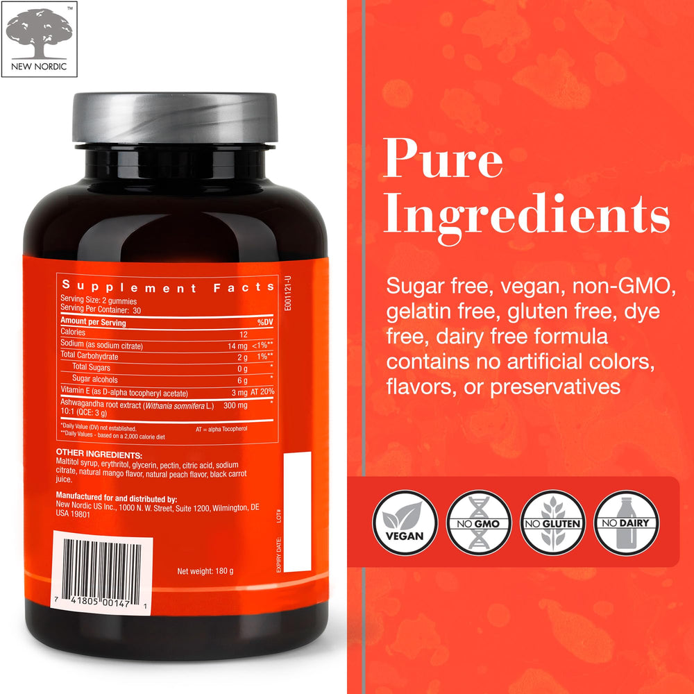 NEW NORDIC Ashwagandha Gummies daily dose guidance on packaging for easy use