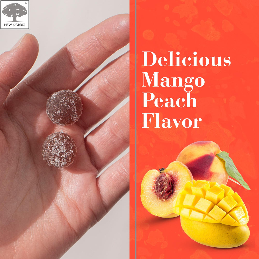 NEW NORDIC Ashwagandha Gummies front jar with mango peach flavor label for tasty daily ritual