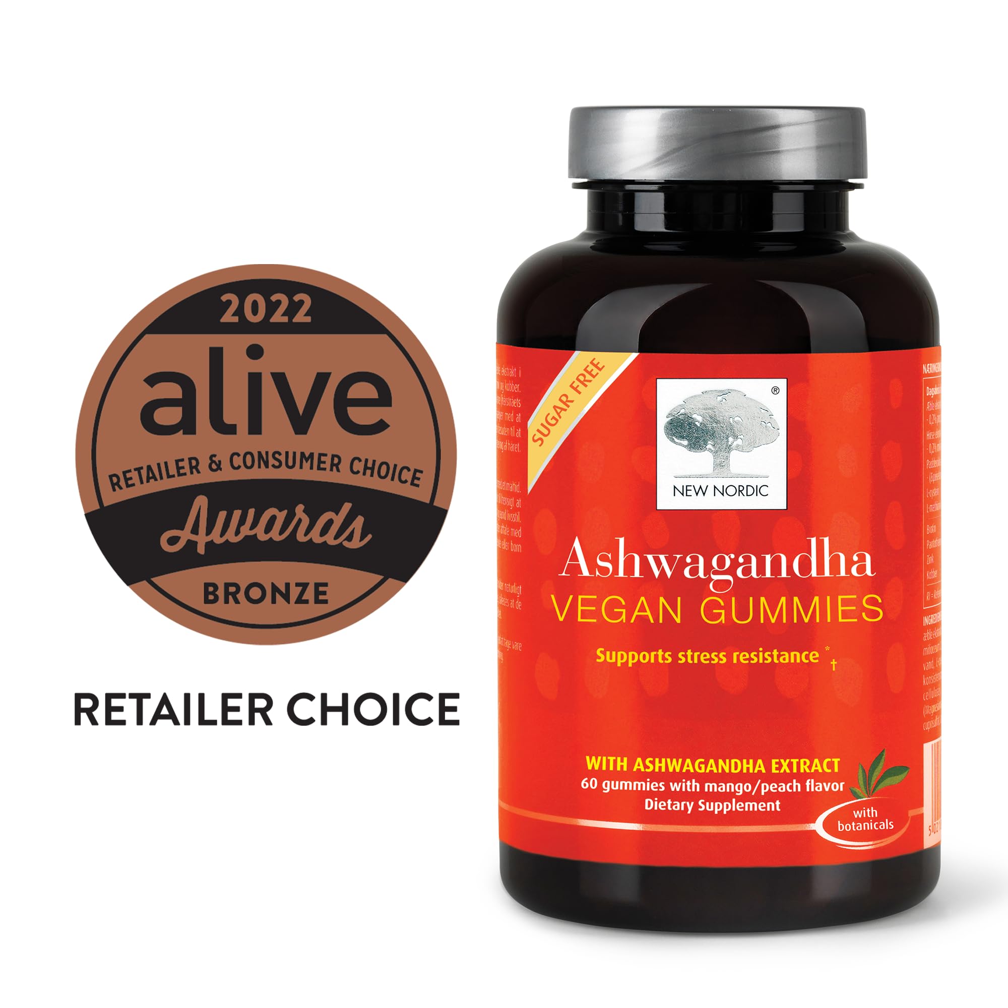 NEW NORDIC Ashwagandha Gummies pouring from the jar for daily use and routine