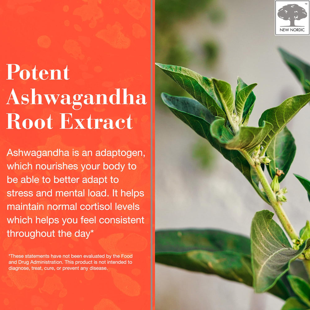 NEW NORDIC Ashwagandha Gummies vegan and gluten-free icon on label indicating options