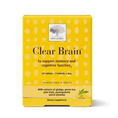 New Nordic Clear Brain bottle with walnut-green tea extract for daytime cognitive support.