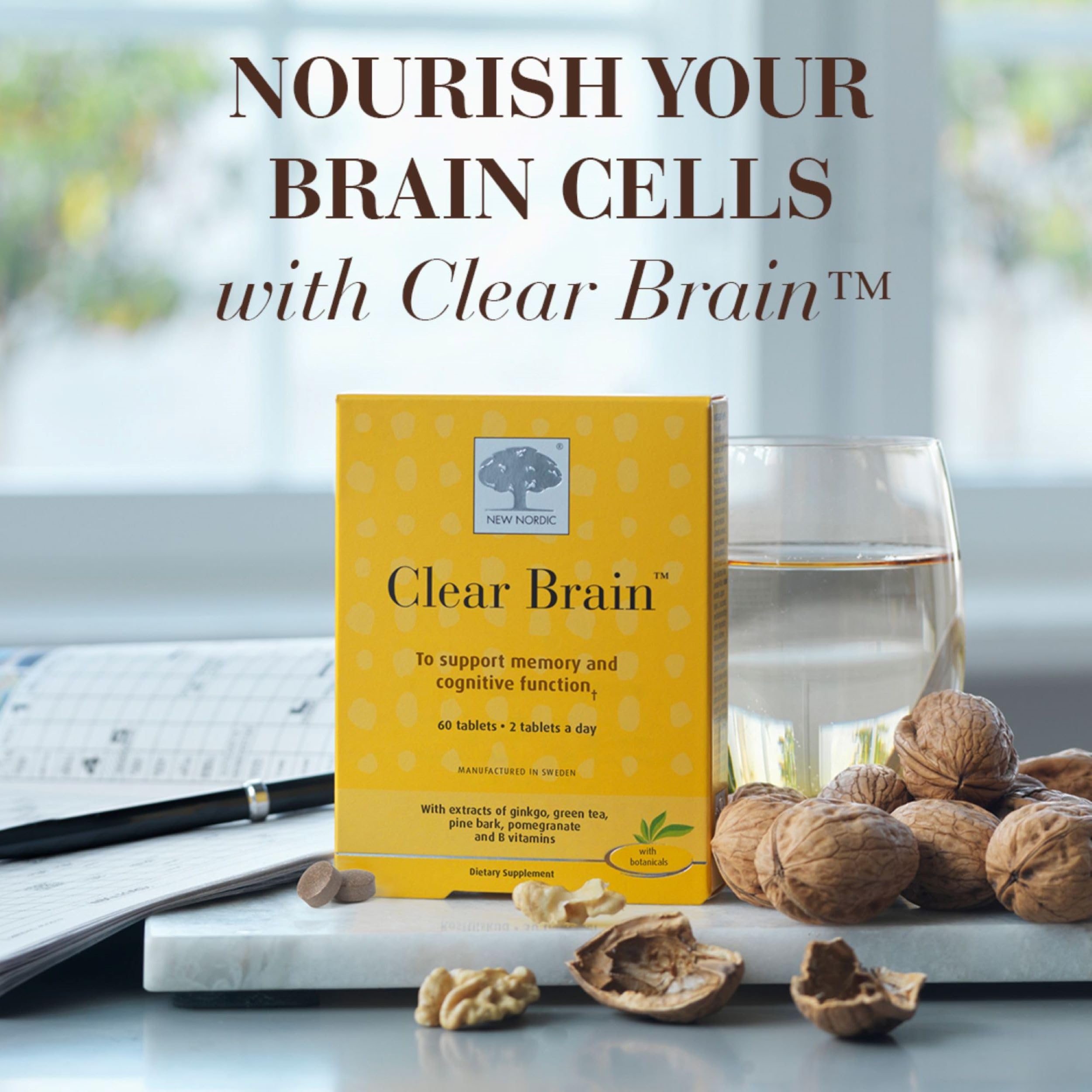 New Nordic Clear Brain ingredients walnut and ginkgo illustrate natural brain health support.