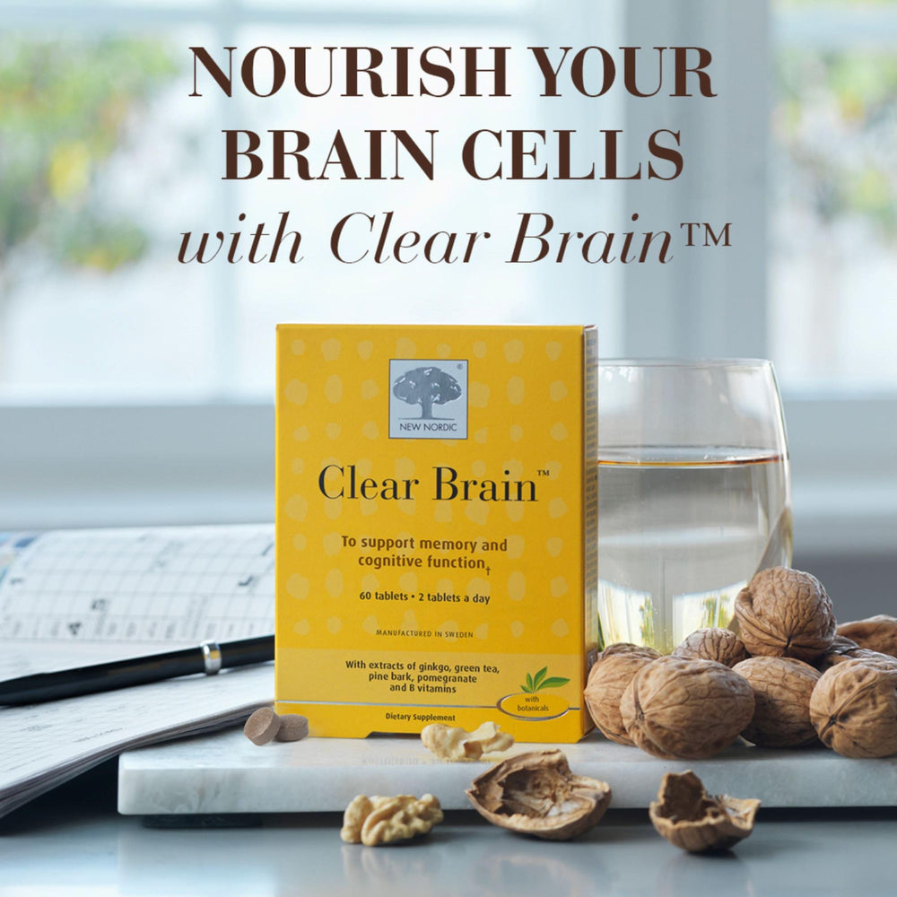 New Nordic Clear Brain ingredients walnut and ginkgo illustrate natural brain health support.