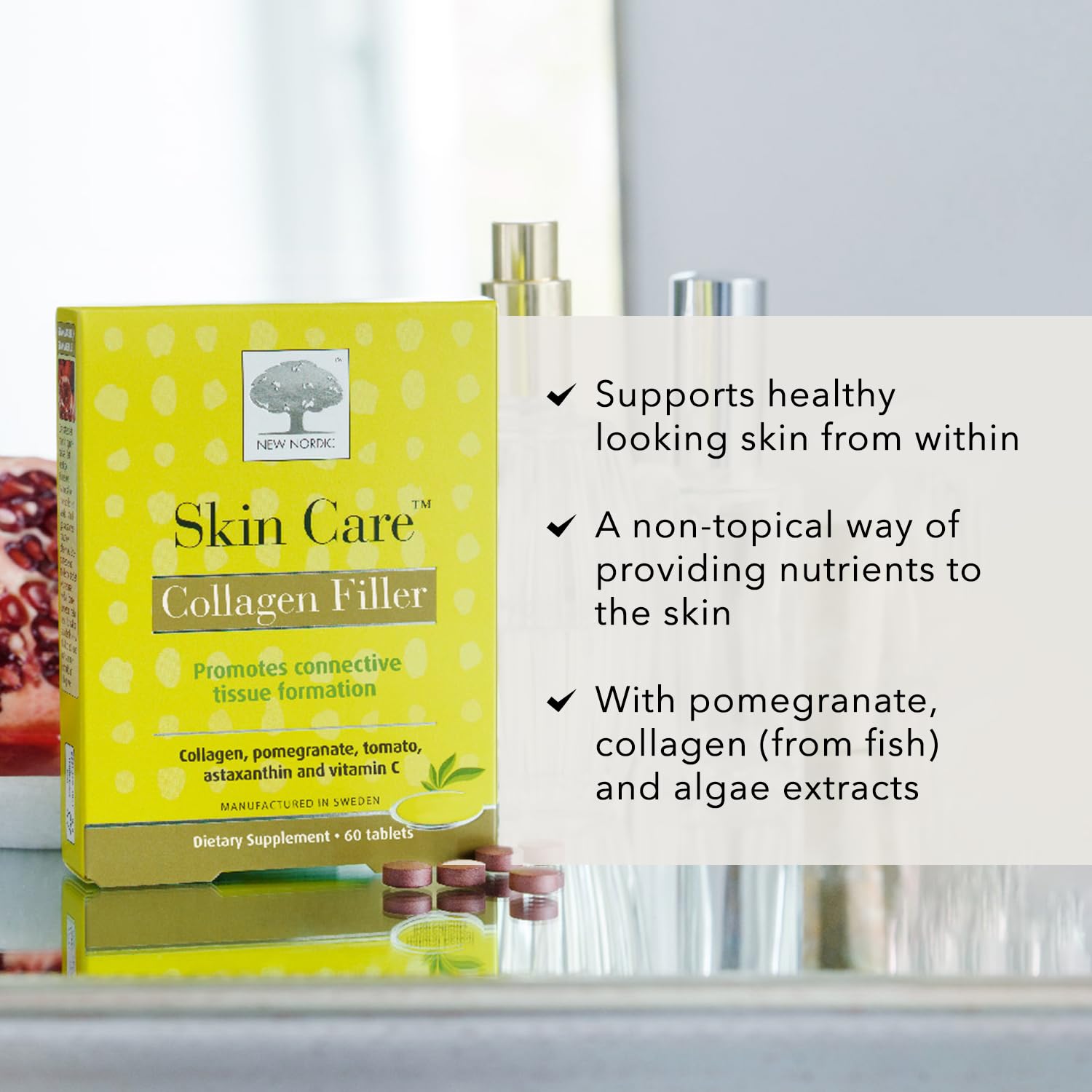 NEW NORDIC collagen tablets close-up showing smooth texture