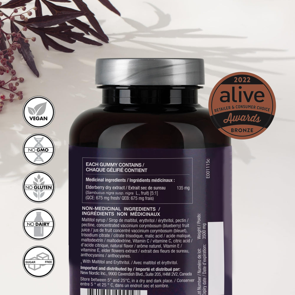 NEW NORDIC Elderberry Vegan Gummies bottle back label with ingredients and notes