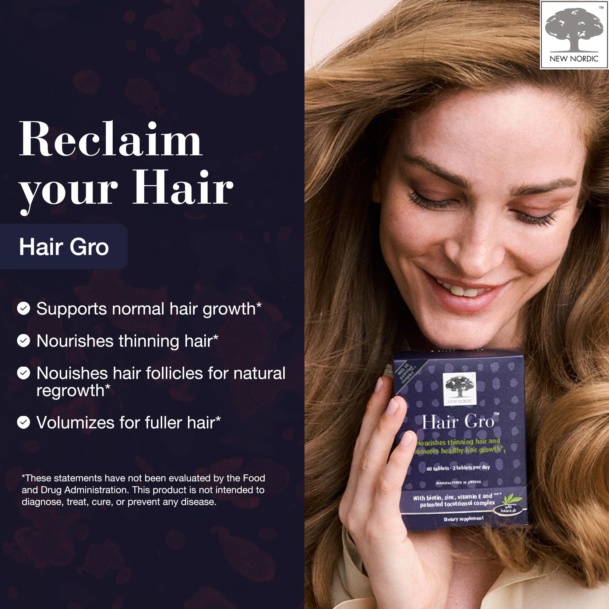 NEW NORDIC Hair GRO ingredients panel highlights biotin and palm fruit extract