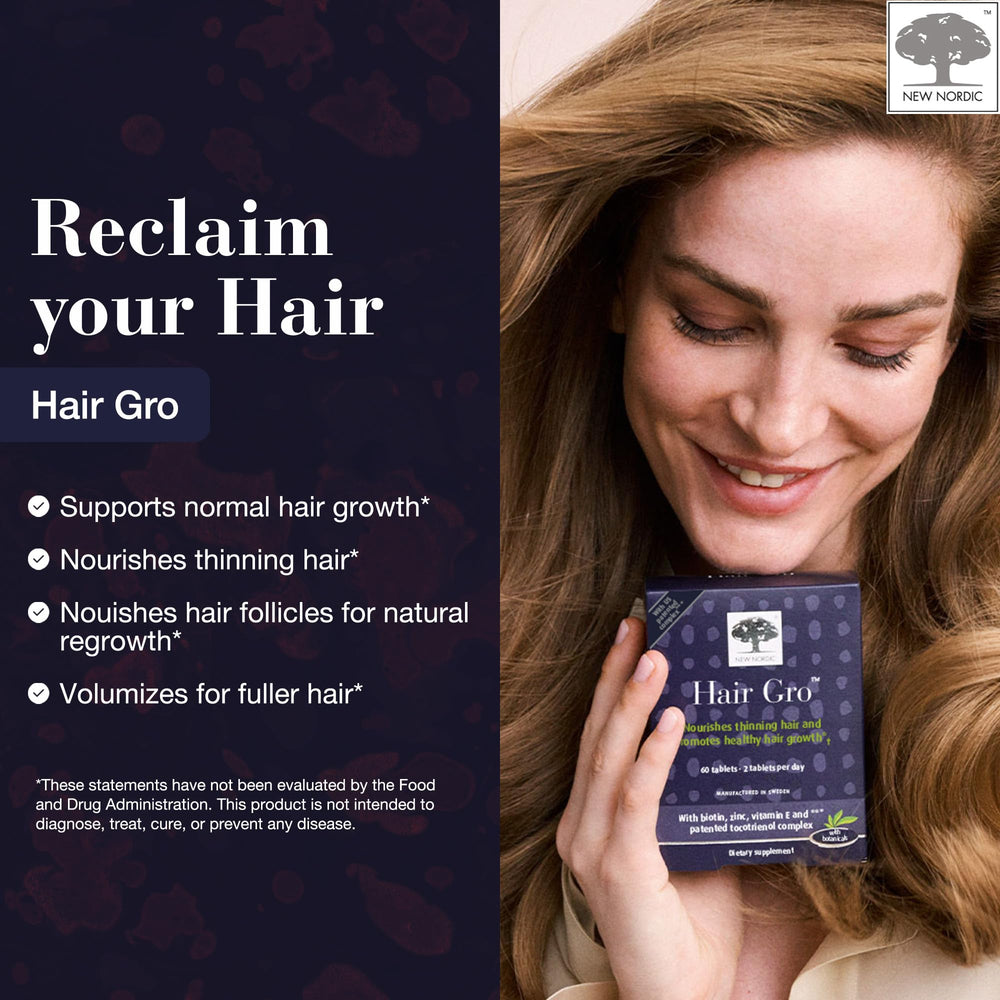 NEW NORDIC Hair GRO ingredients panel highlights biotin and palm fruit extract