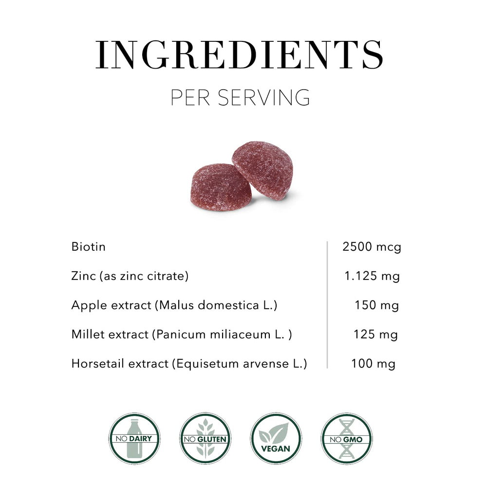 New Nordic Hair Volume Gummies ingredients: biotin, horsetail, millet extracts.