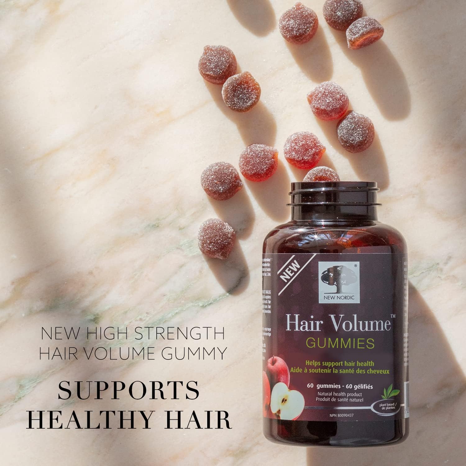NEW NORDIC Hair Volume Gummies close-up promotes naturally sourced biotin for nourishment.