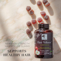 NEW NORDIC Hair Volume Gummies close-up promotes naturally sourced biotin for nourishment.