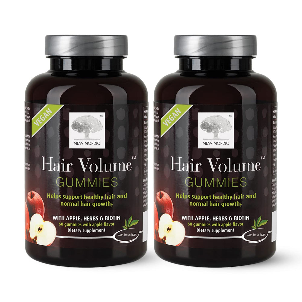 New Nordic Hair Volume Gummies bottle with apple flavor and biotin support.