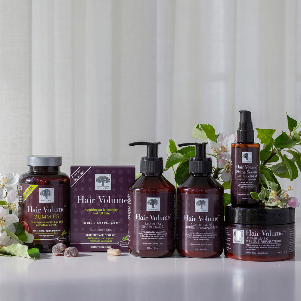 New Nordic Hair Volume Gummies bottles shown with eco-friendly packaging.