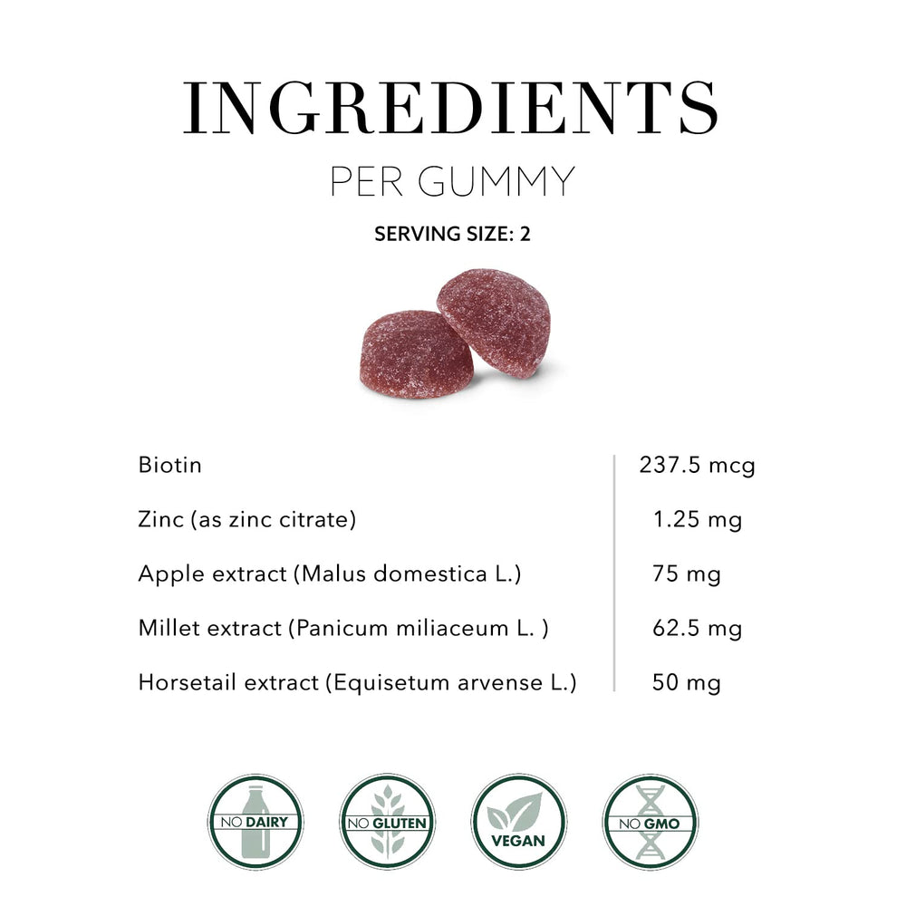 New Nordic Hair Volume Gummies with horsetail and millet icons.