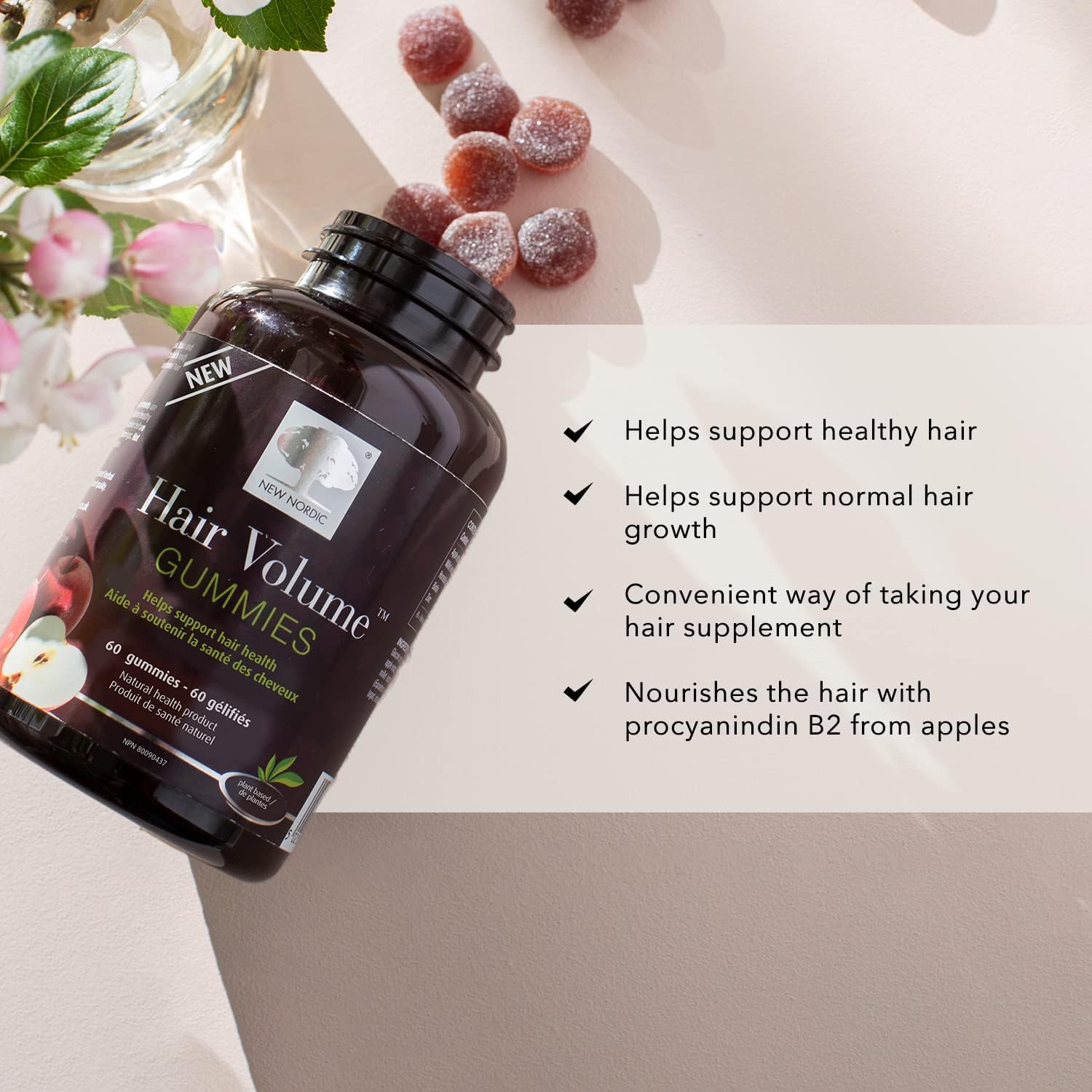 NEW NORDIC Hair Volume Gummies ingredient panel highlights biotin and herbal blend for hair vitality.