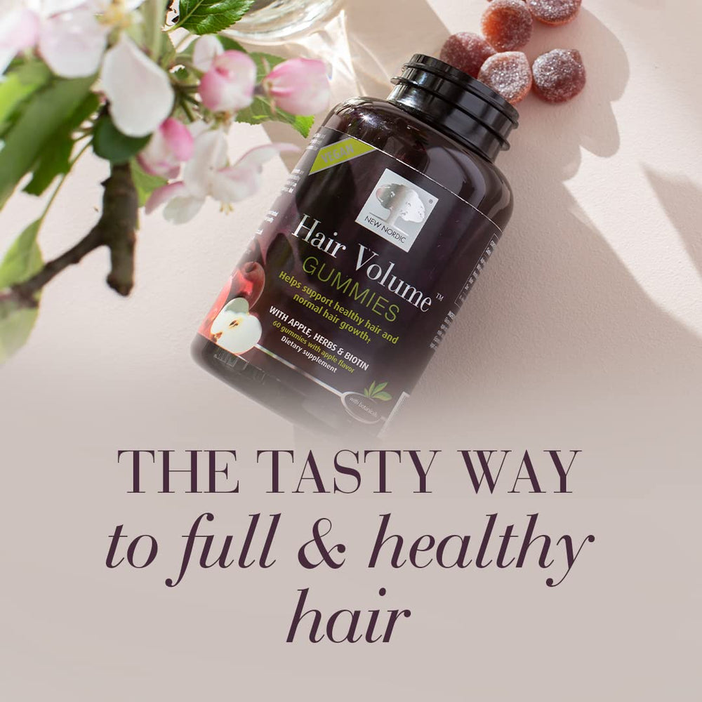 New Nordic Hair Volume Gummies packaging with nutrition facts panel.