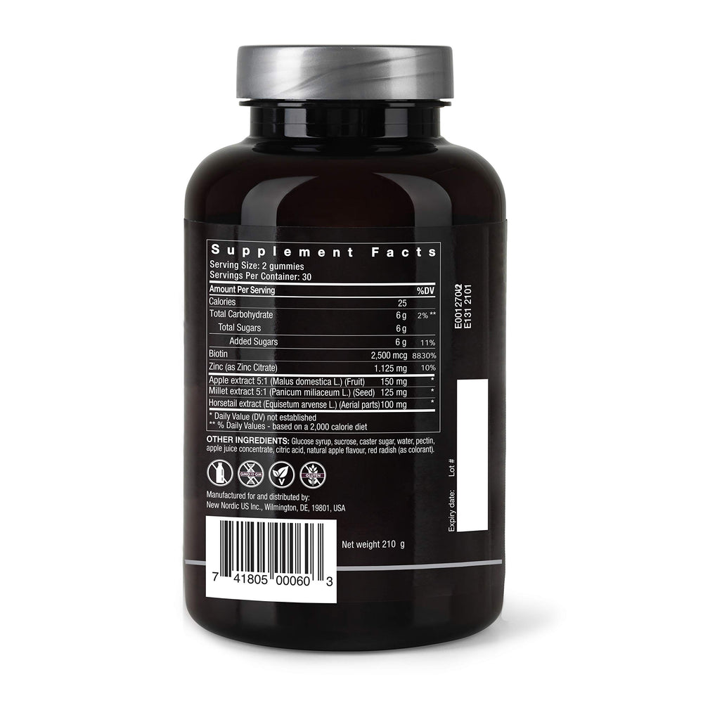 New Nordic Hair Volume Gummies label highlights vegan, preservative-free formula.