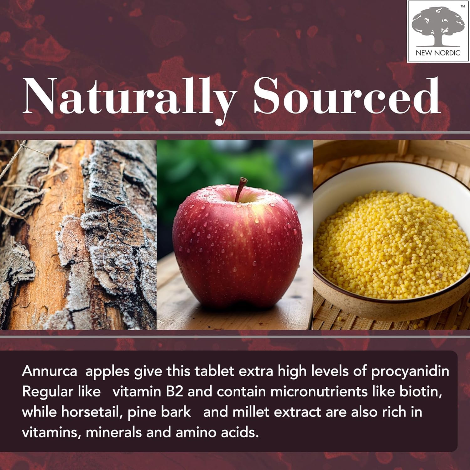 Annurca apple visual in New Nordic formula highlighting natural ingredients for hair health