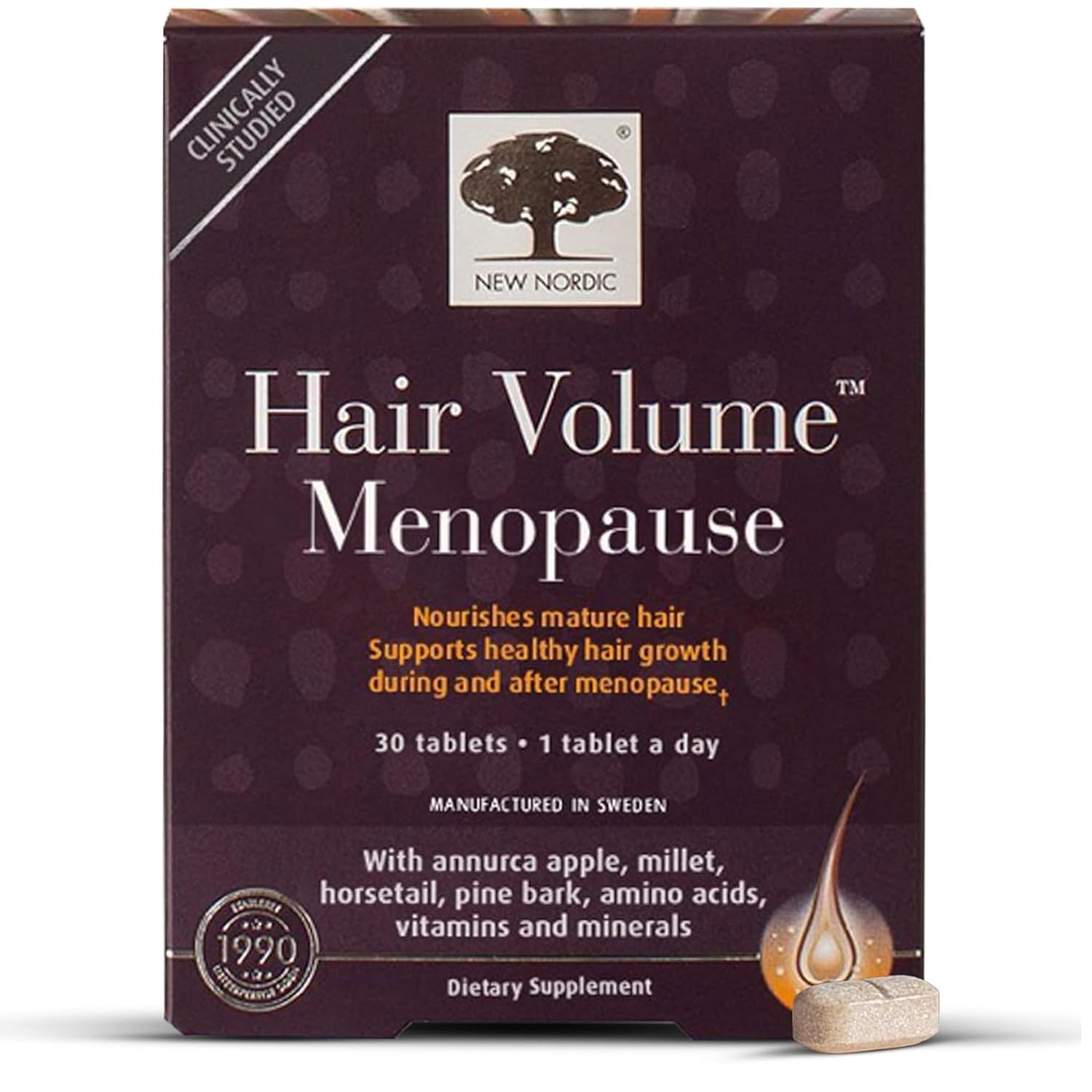New Nordic Hair Volume Menopause bottle front showing packaging for daily use and hair support