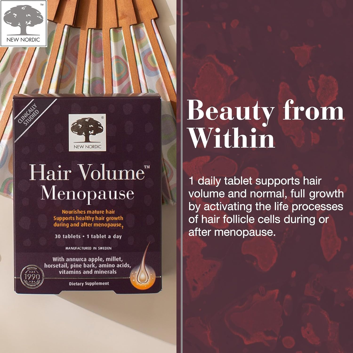 Horsetail extract in New Nordic Hair Volume Menopause for herbal hair nourishment