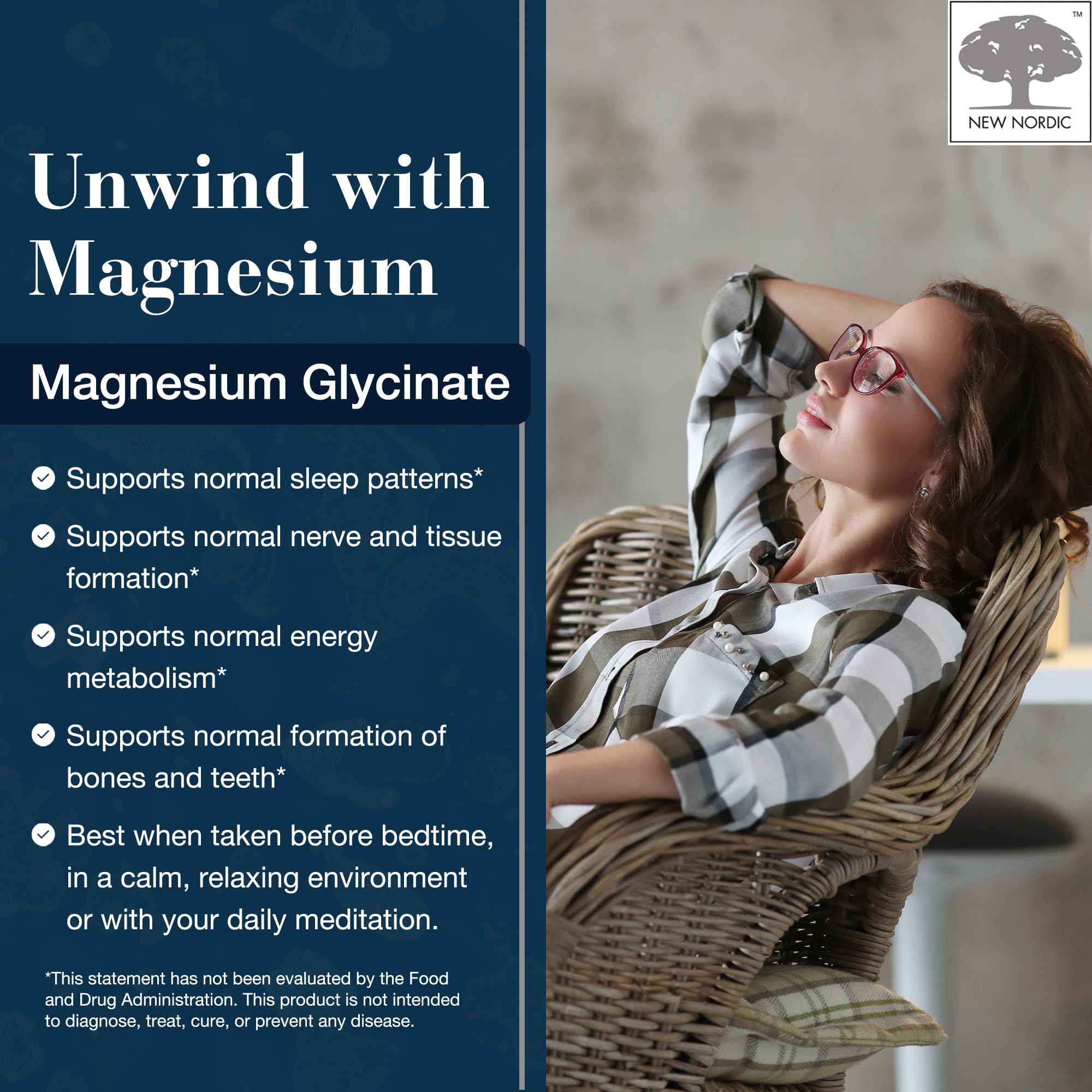 NEW NORDIC Magnesium Glycinate bottle back label provides ingredients and usage directions.