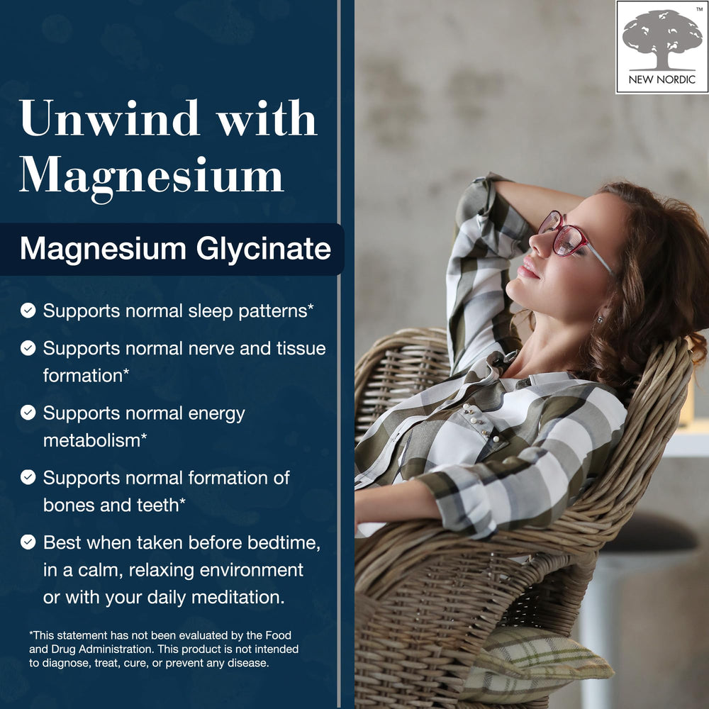 NEW NORDIC Magnesium Glycinate bottle back label provides ingredients and usage directions.