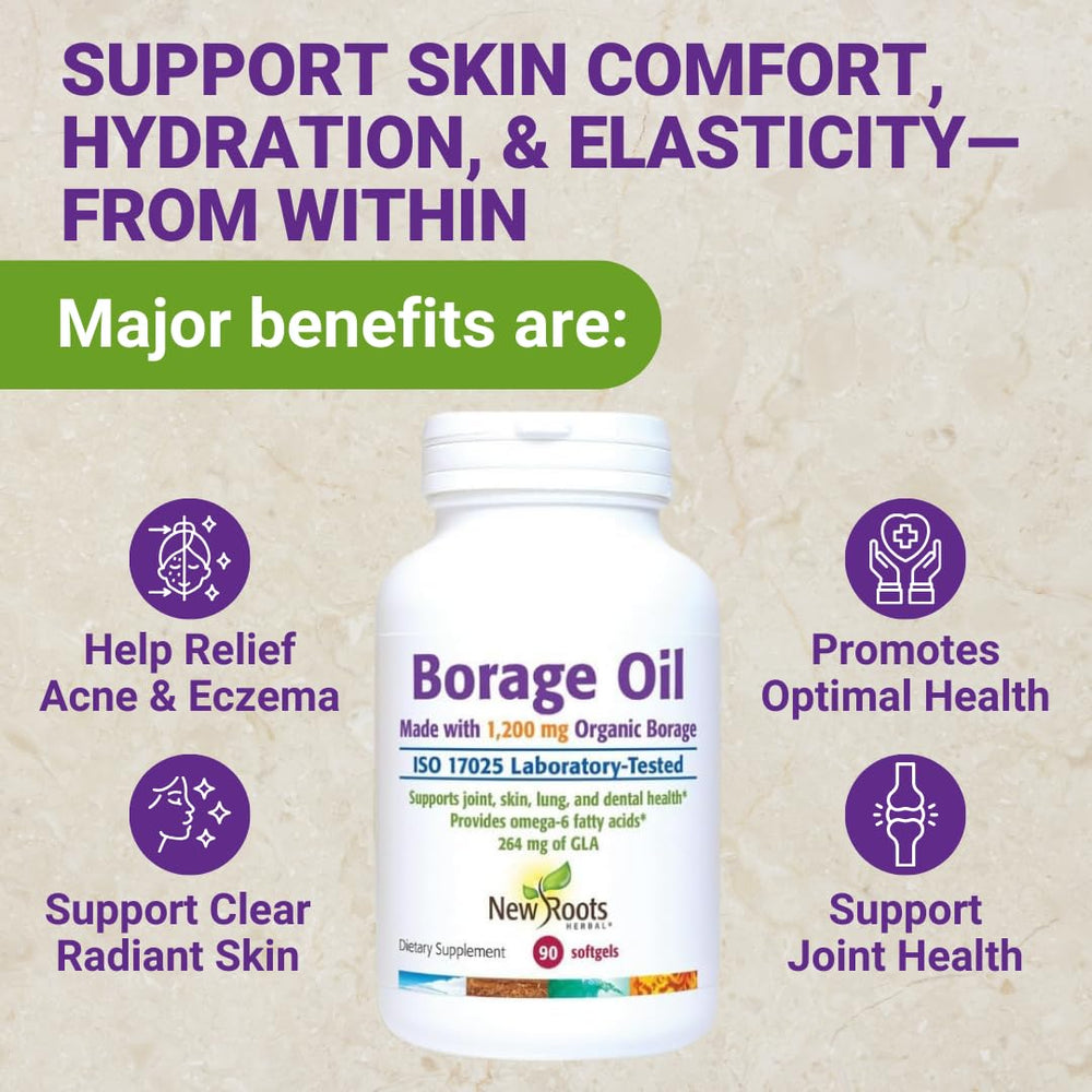 NEW ROOTS HERBAL borage oil bottle side highlighting convenient daily dosage