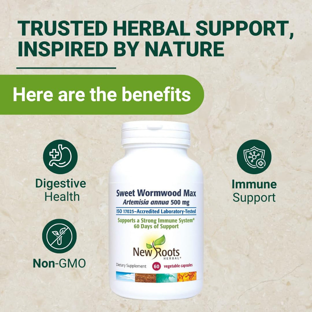 NEW ROOTS HERBAL GMP facility seal signals high manufacturing standards.