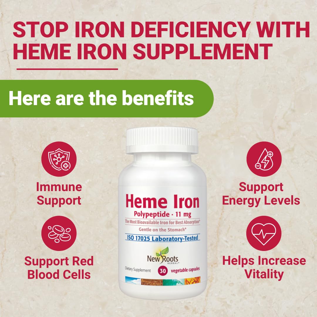 NEW ROOTS HERBAL heme iron capsules ready to swallow support iron levels and steady energy